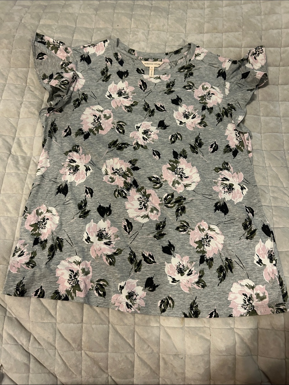 Rebecca Taylor Gray Tee with Pink Floral Print and Ruffle Sleeves